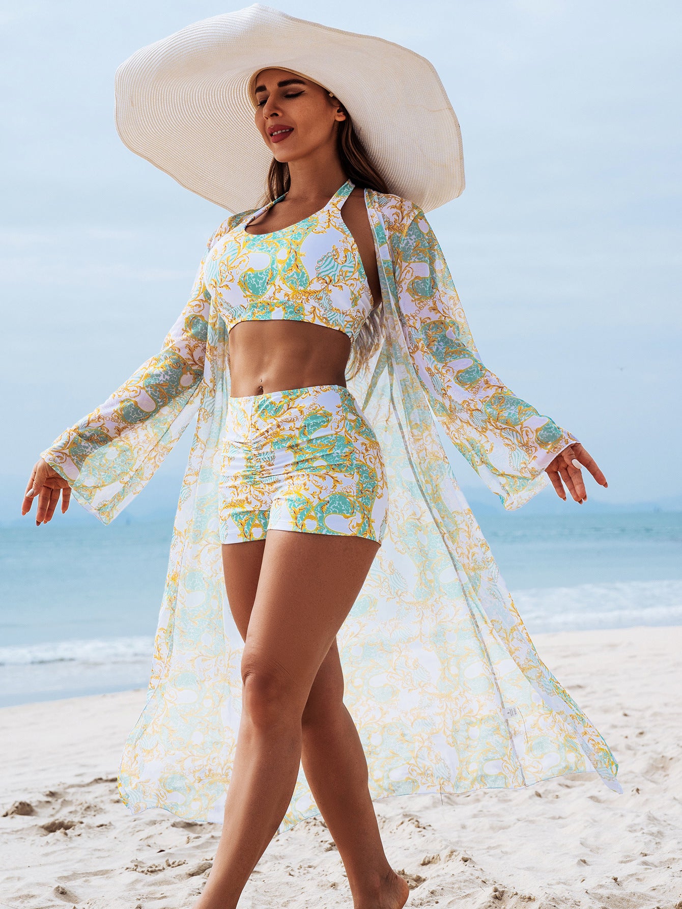 FashionableStyle Sexy Women's Three-Piece Bikini Set with Multi-Color Print Swimwear