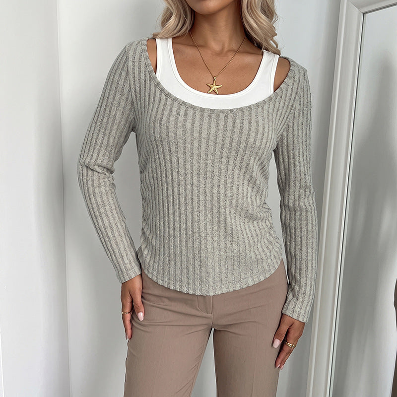 Long sleeved fake two-piece spliced U-neck T-shirt for women