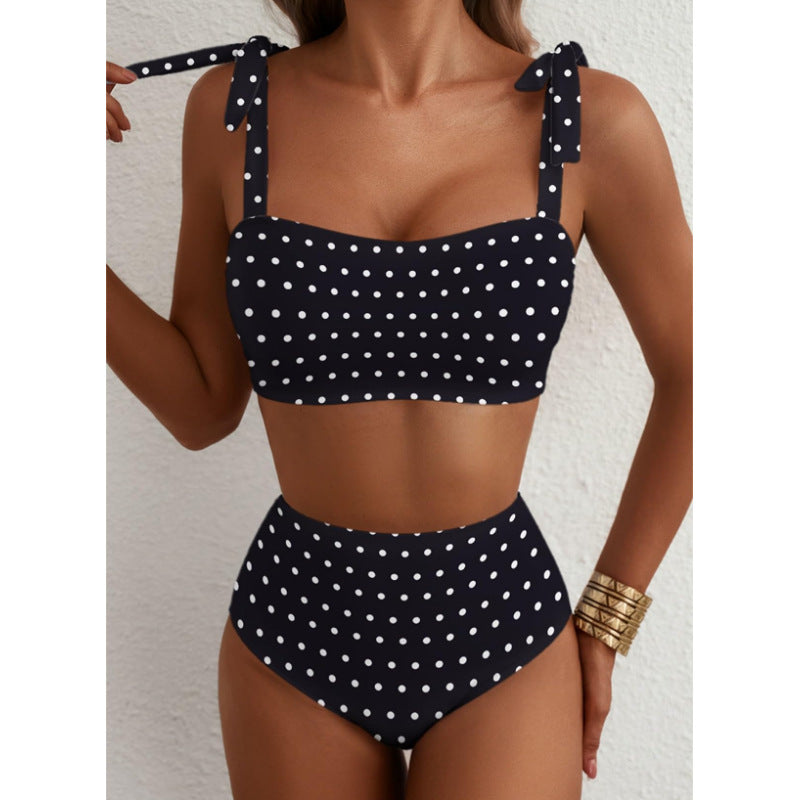 Women's Striped Bikini Set with Tie-Shoulder Design, High-Waisted Two-Piece Swimsuit