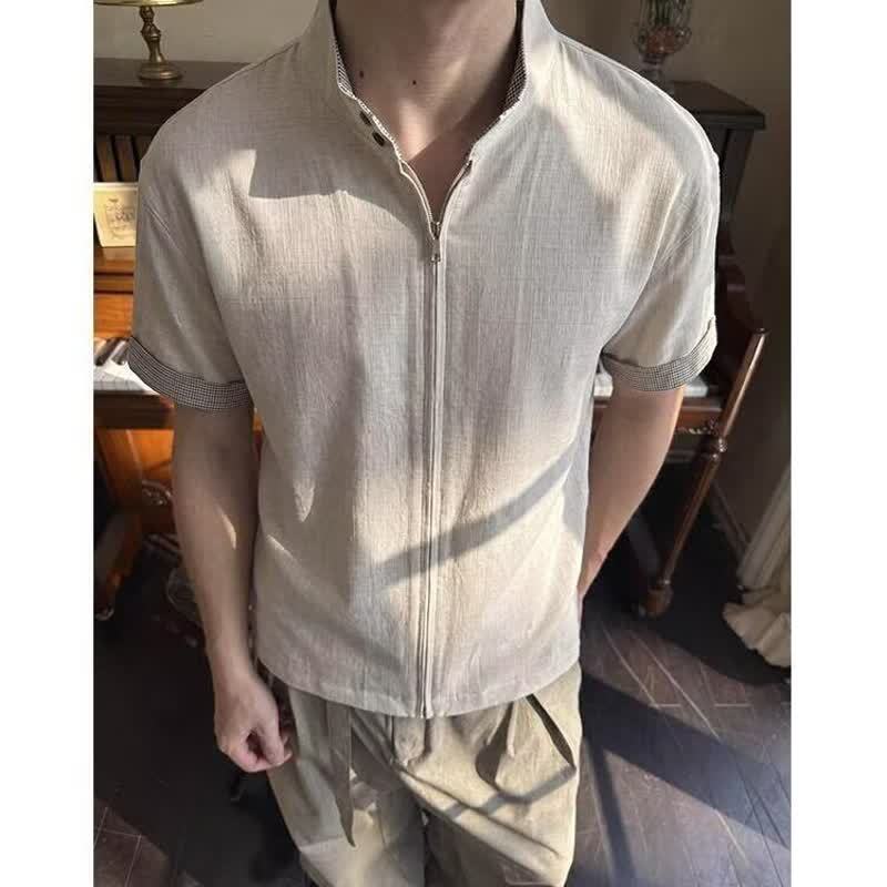 Checkered Patchwork Stand Collar Open Front Blouse