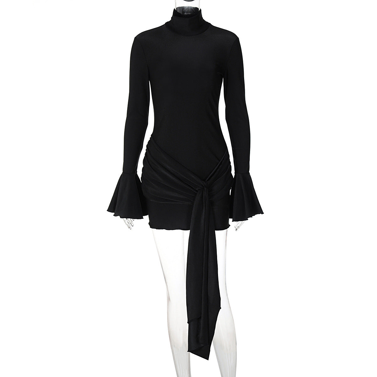 Autumn new solid color semi high neck flared sleeve sexy tight fitting hip hugging skirt