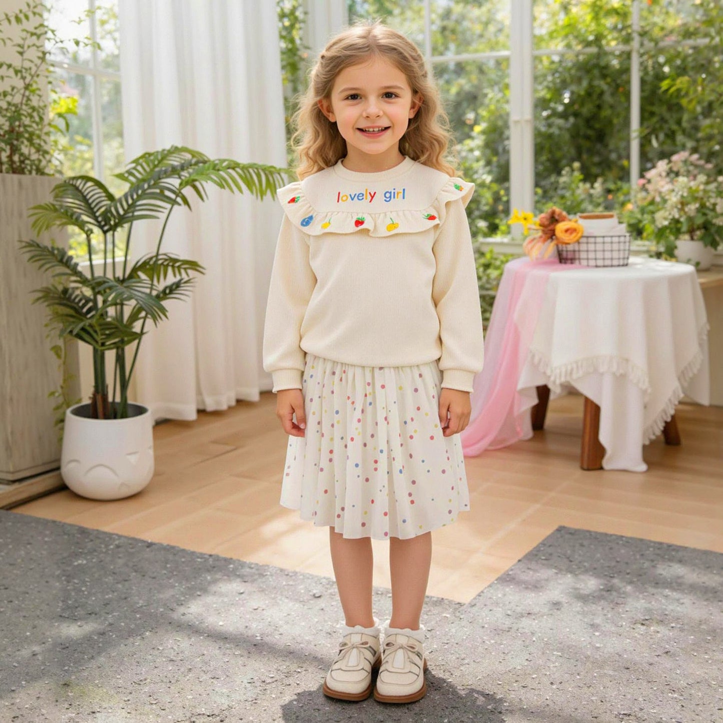 Autumn/Winter Korean-Style Girls' Round Neck Pleated Lace Trim Embroidered Hoodie and Skirt Two-Piece Set Fashion
