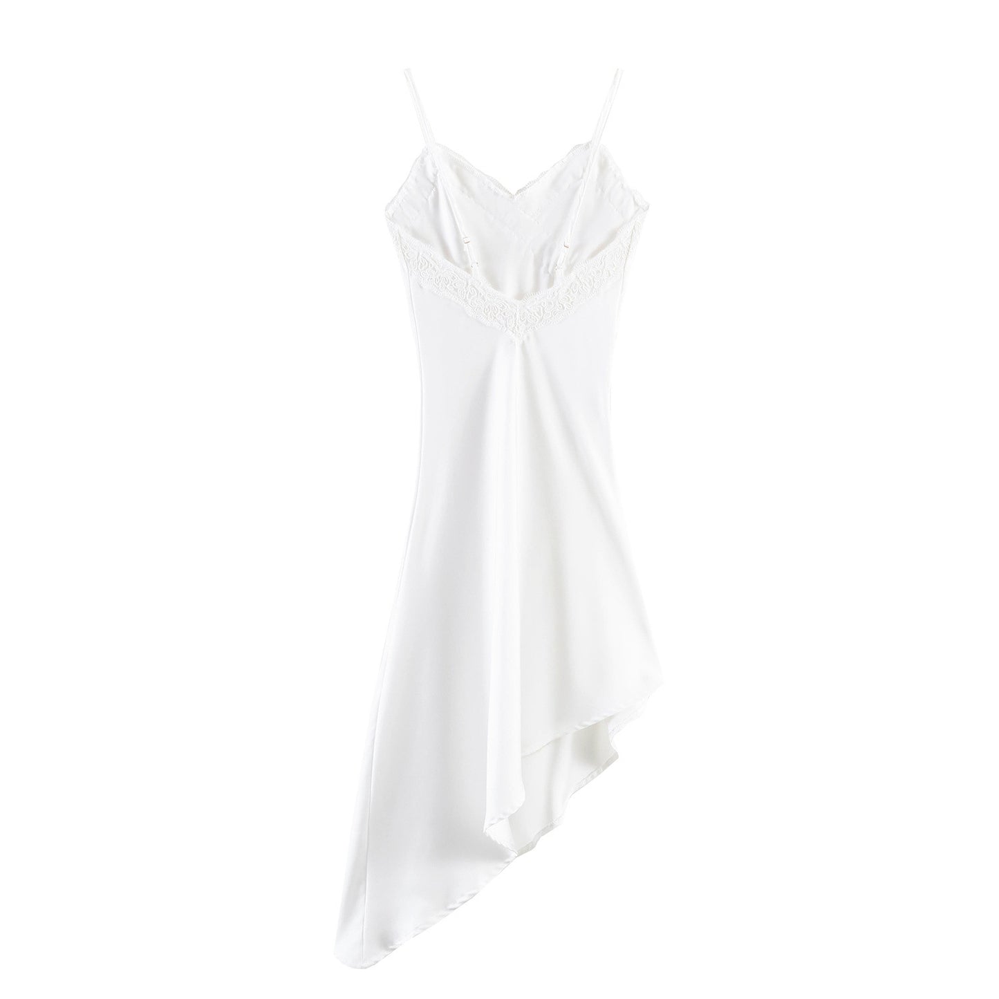 Asymmetric dress with silk and lace patchwork
