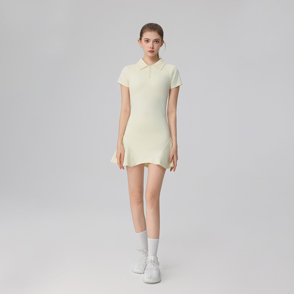Elegant and Stylish Golf-Specific Polo Neck Dress with Short Sleeves, Summer Nylon Shaping High-End Fitness Skirt