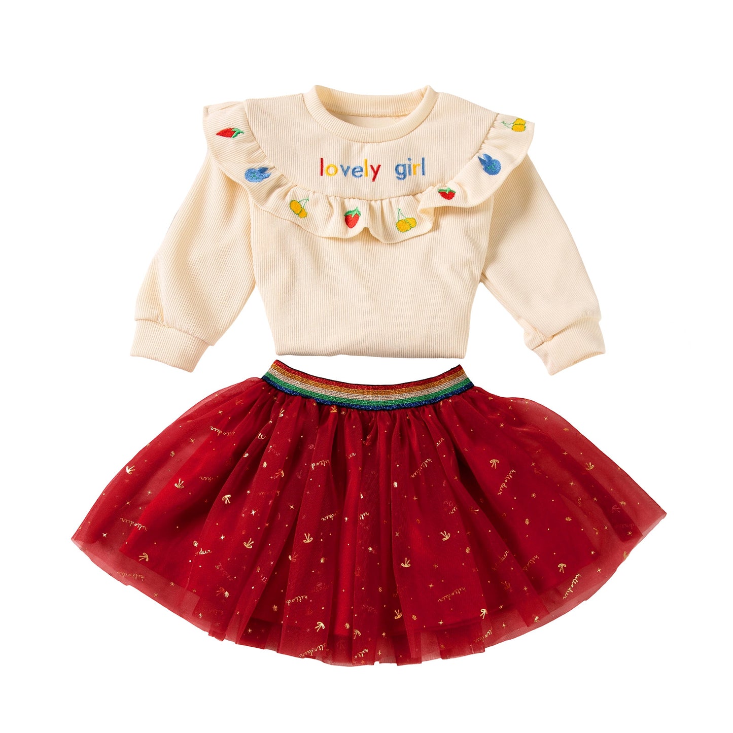 Autumn/Winter Korean-Style Girls' Round Neck Pleated Lace Trim Embroidered Hoodie and Skirt Two-Piece Set Fashion