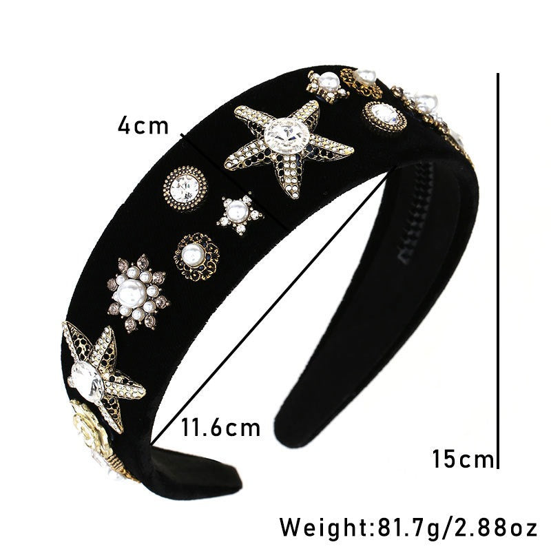 Fashionable wide edge velvet cloth pearl black starfish headband