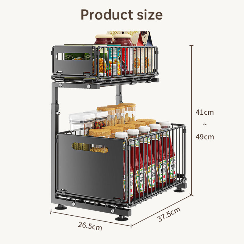 2-tier pull-out cabinet organizer, adjustable kitchen basket, under-sink organizer, spice rack, drawer slide.