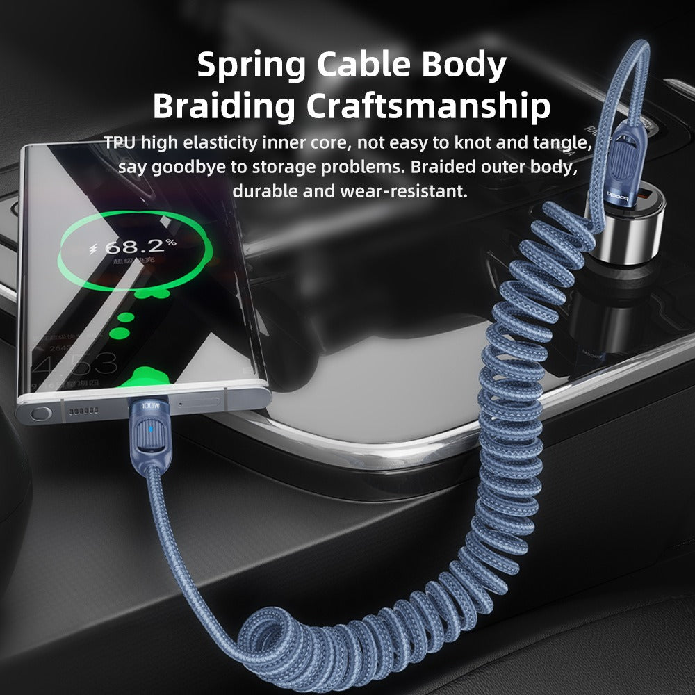 Car mounted spring with light PD100W fast charging dual typec data cable suitable for Huawei Apple 15