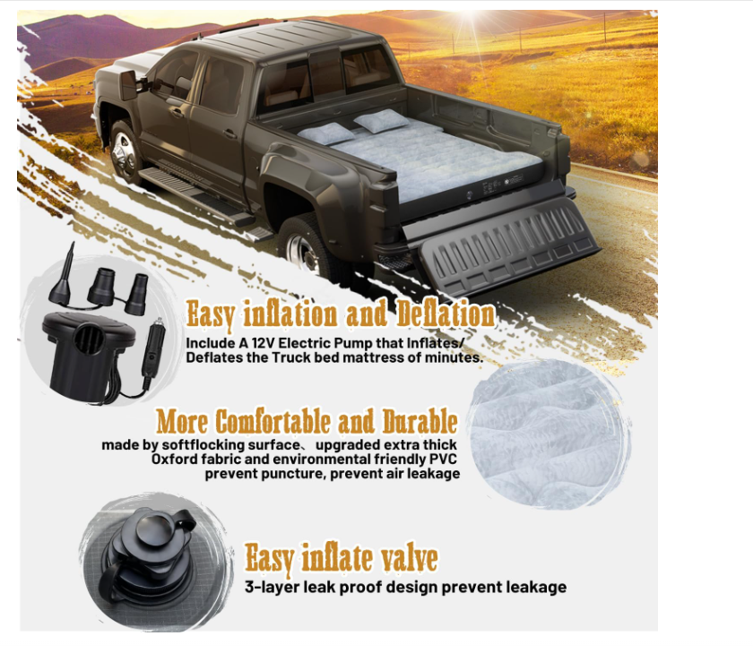 Umbratuo inflatable truck bed cushion is suitable for full-size short truck lathes, 6-6 feet, with pump and tote bag. Very suita