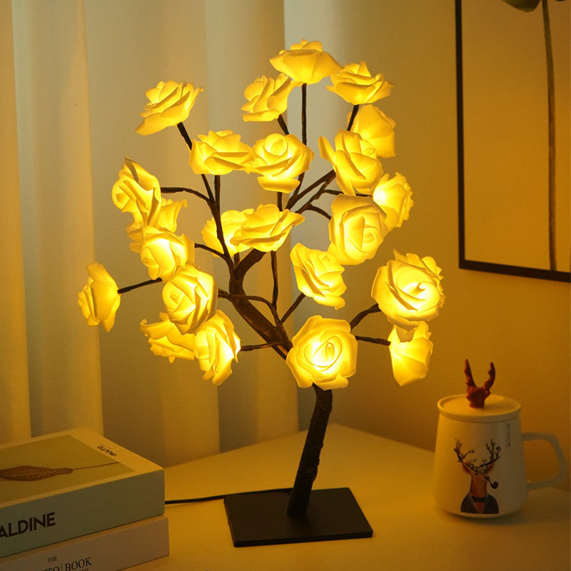 EVA Artificial Valentine's Day Rose Tree Lamp for Bedroom and Living Room, Qixi Wedding Decoration with USB Switch, Warm White Light
