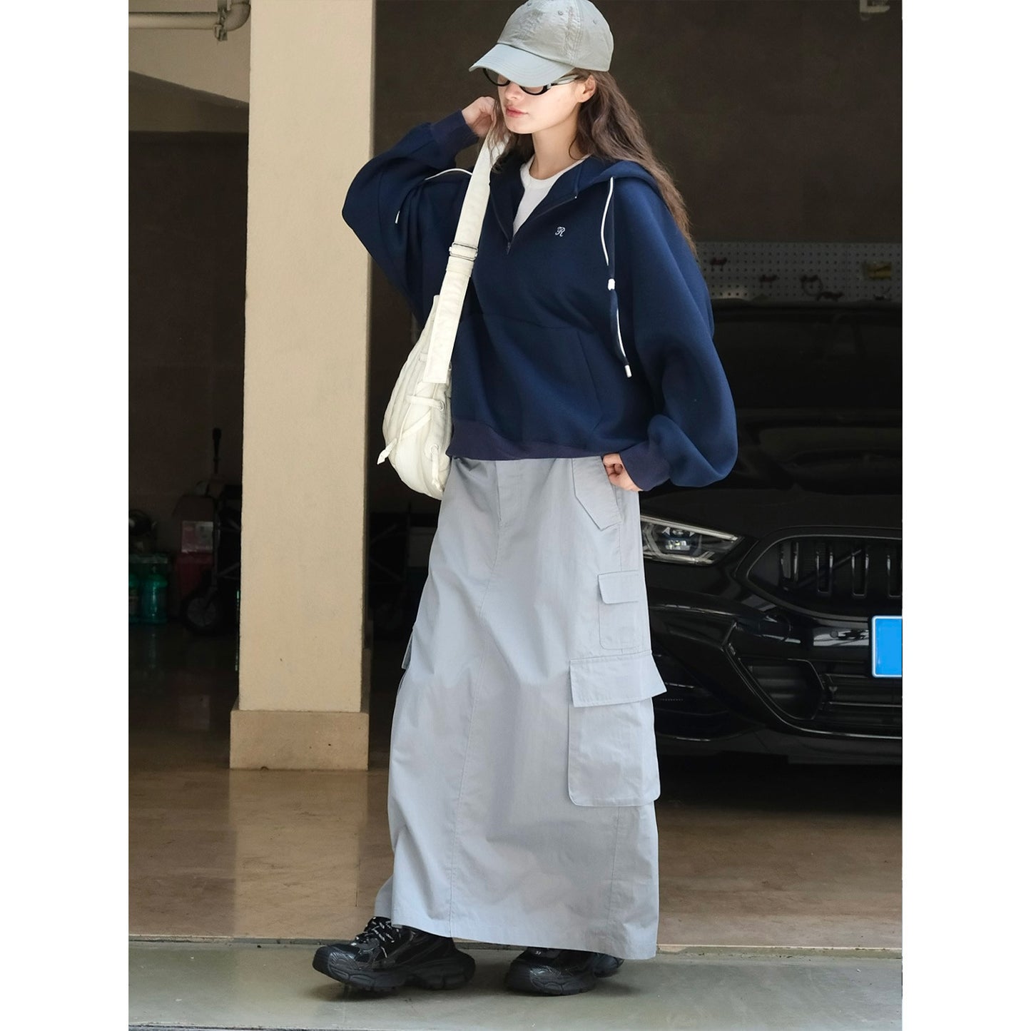 Autumn new gray workwear style half skirt, soft and breathable H-version long skirt for women