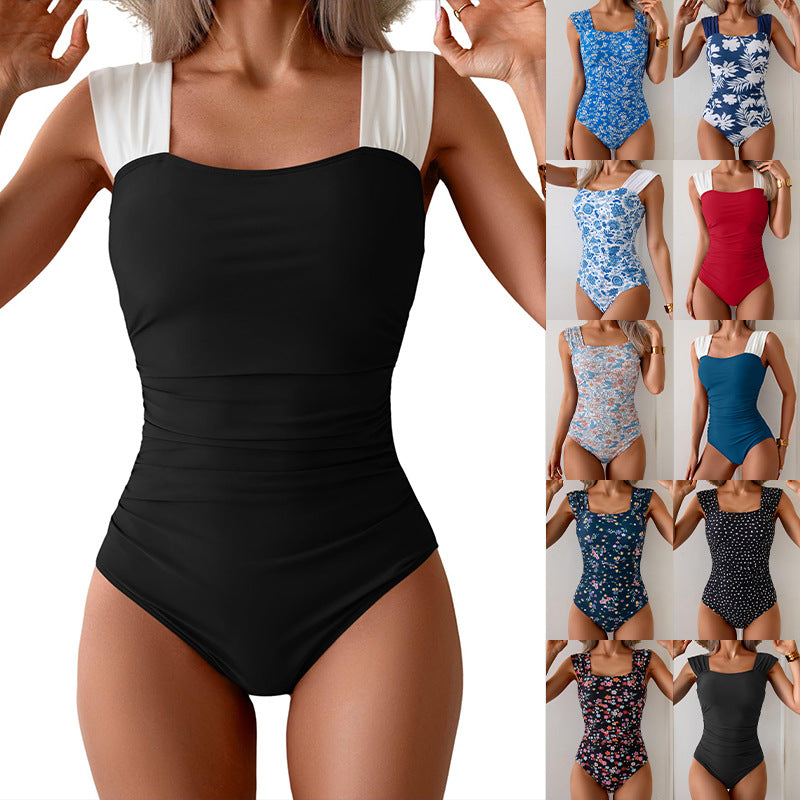 New Women's One-Piece Swimsuit, Vintage Square Neck, Tummy Control, Ruffle Detail, Modest Full Coverage Swimwear