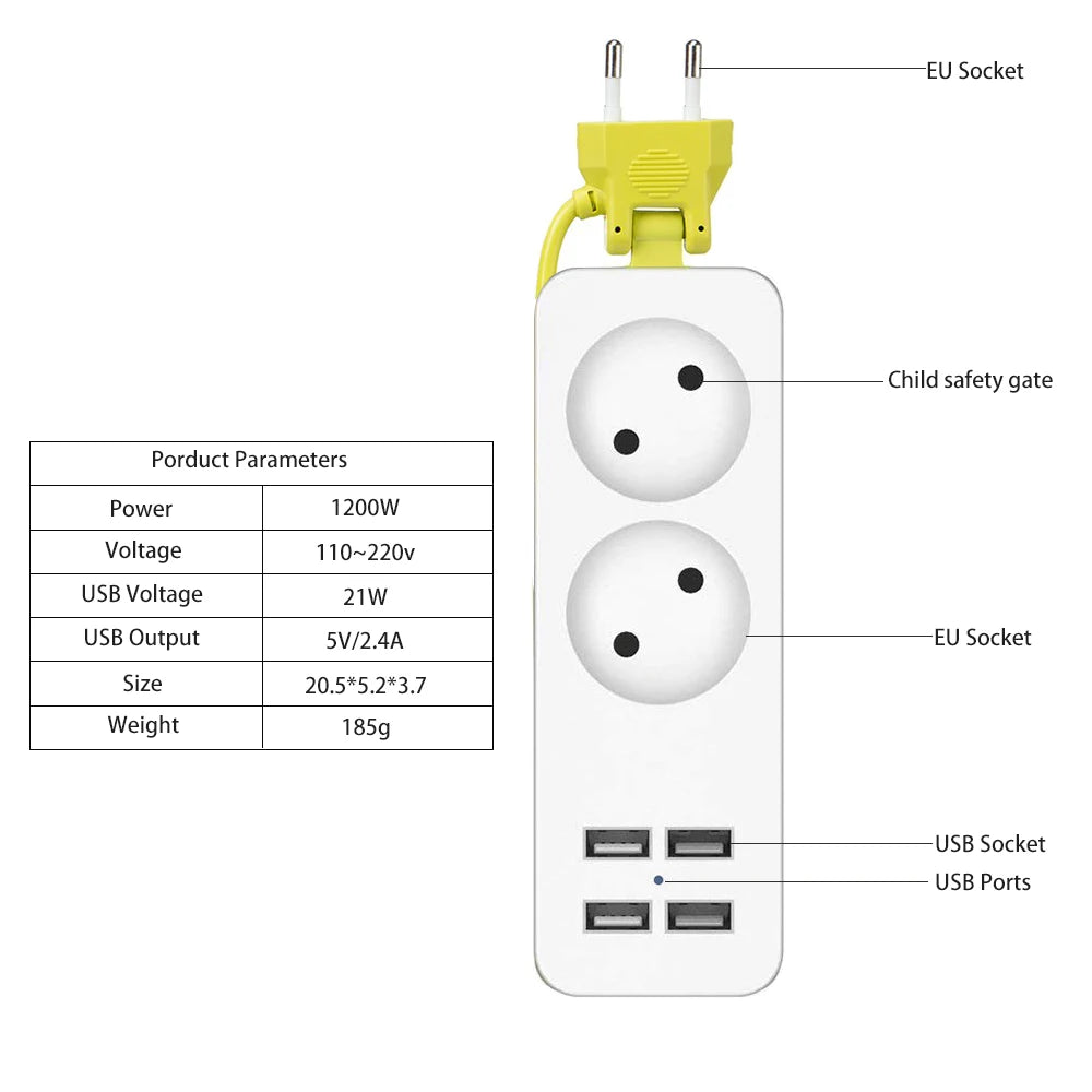 Rdxone EU plug Travel Power Strip Portable Extension Socket Outlet with 4 USB Wall Charger Smart Desktop Socket