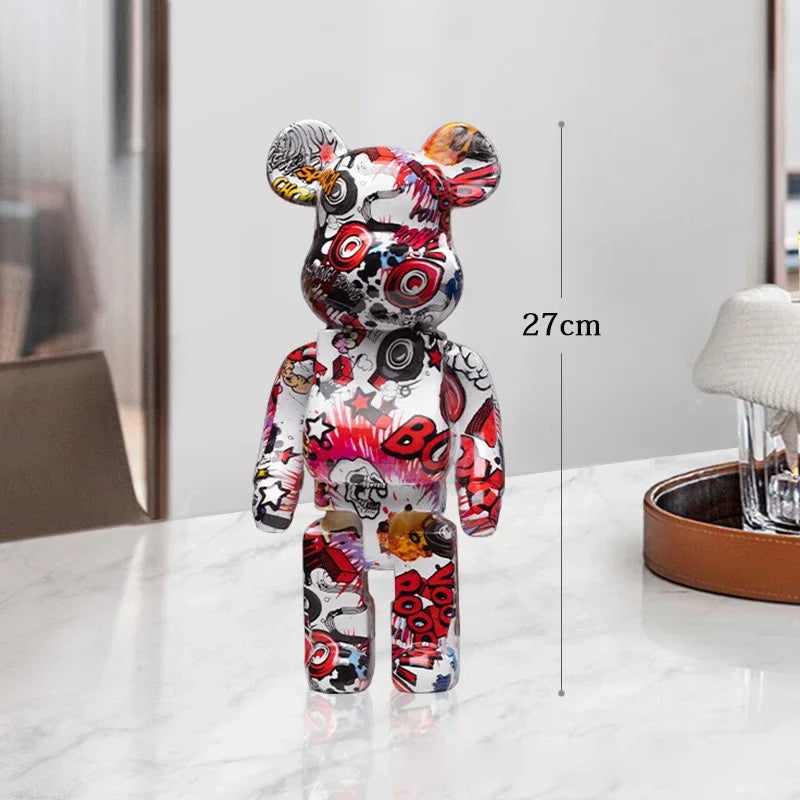 27cm Graffiti Bear Statue Paint Block Bear Decor Resin Desktop Ornaments Home Decoration Living Room Bear Floor Sculpture Gifts