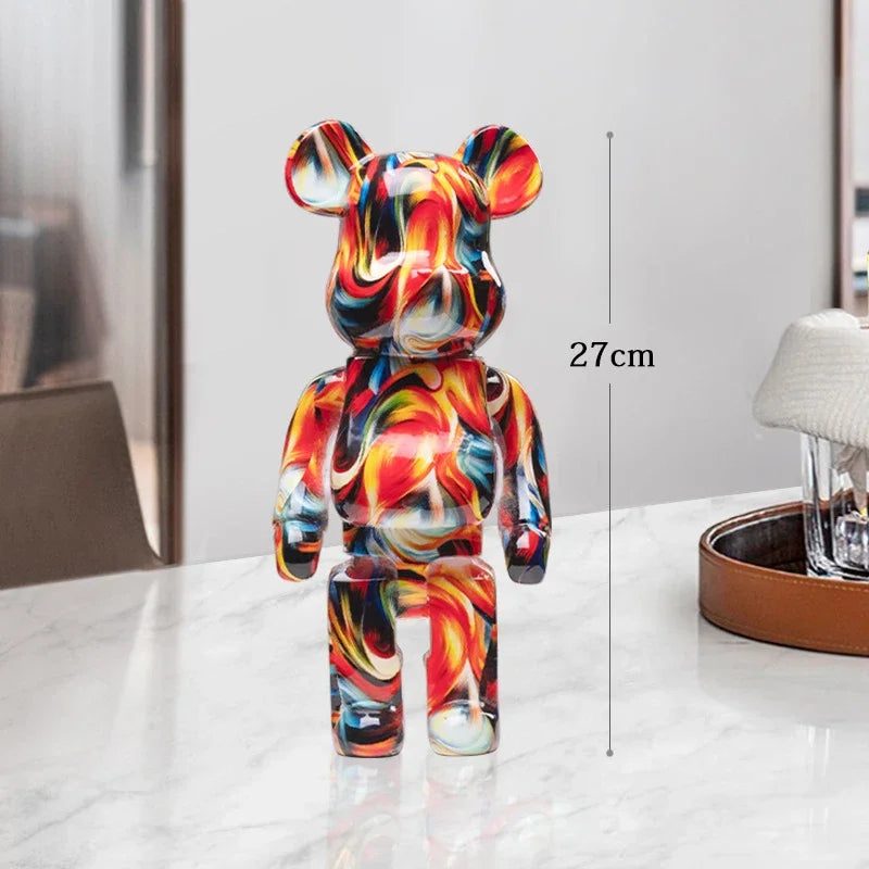 27cm Graffiti Bear Statue Paint Block Bear Decor Resin Desktop Ornaments Home Decoration Living Room Bear Floor Sculpture Gifts