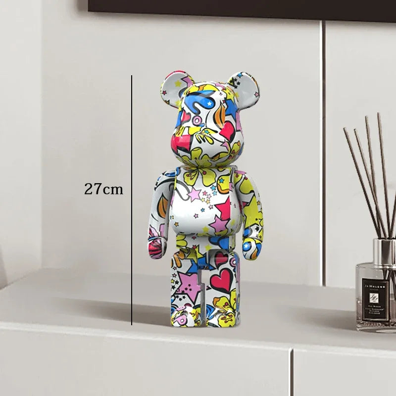 27cm Graffiti Bear Statue Paint Block Bear Decor Resin Desktop Ornaments Home Decoration Living Room Bear Floor Sculpture Gifts