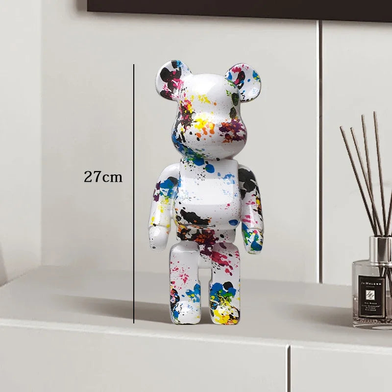 27cm Graffiti Bear Statue Paint Block Bear Decor Resin Desktop Ornaments Home Decoration Living Room Bear Floor Sculpture Gifts