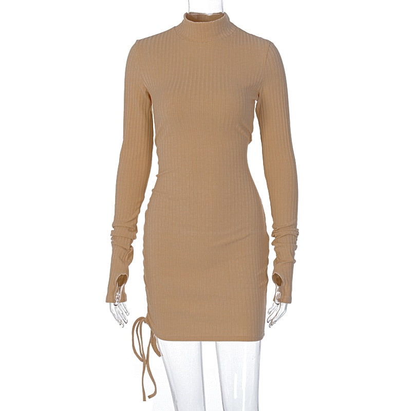 Long Sleeve Ribbed Ruched Bandage Mini Dress
