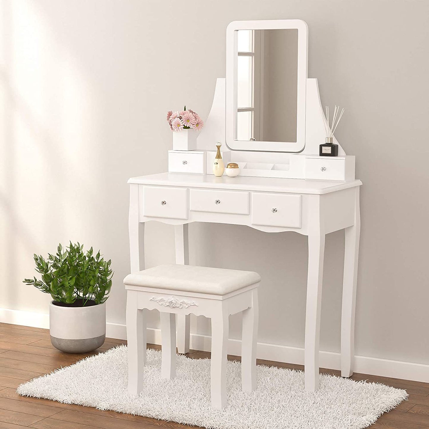 Mecor Makeup Vanity w/Square Mirror, White Vanity Set with Cushioned Stool,Wood Dressing Table with 5 Drawers,3 Removable Dividers Girls Women Bedroom Bathroom Makeup Furnitures--YS