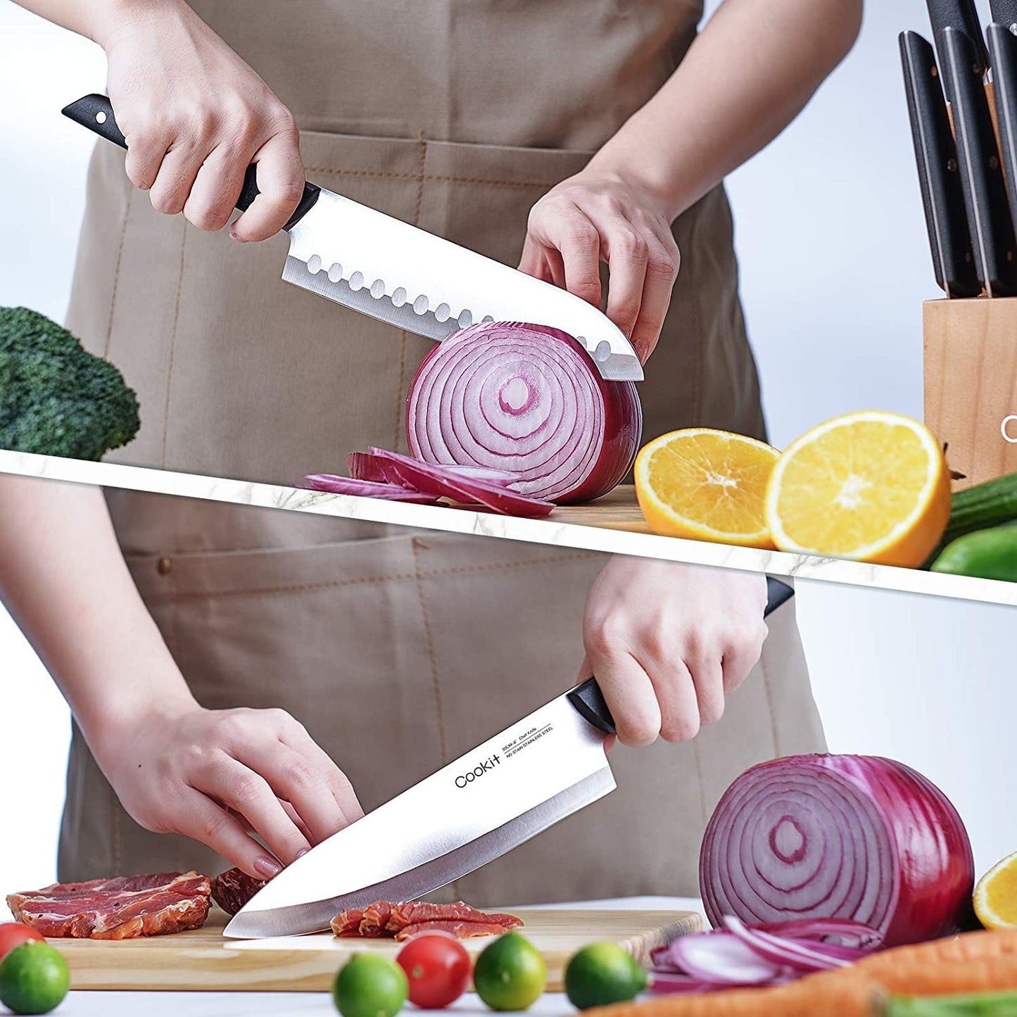 Knife Block Set with Knives, 15 Piece Kitchen Knife Sets with Wood Block