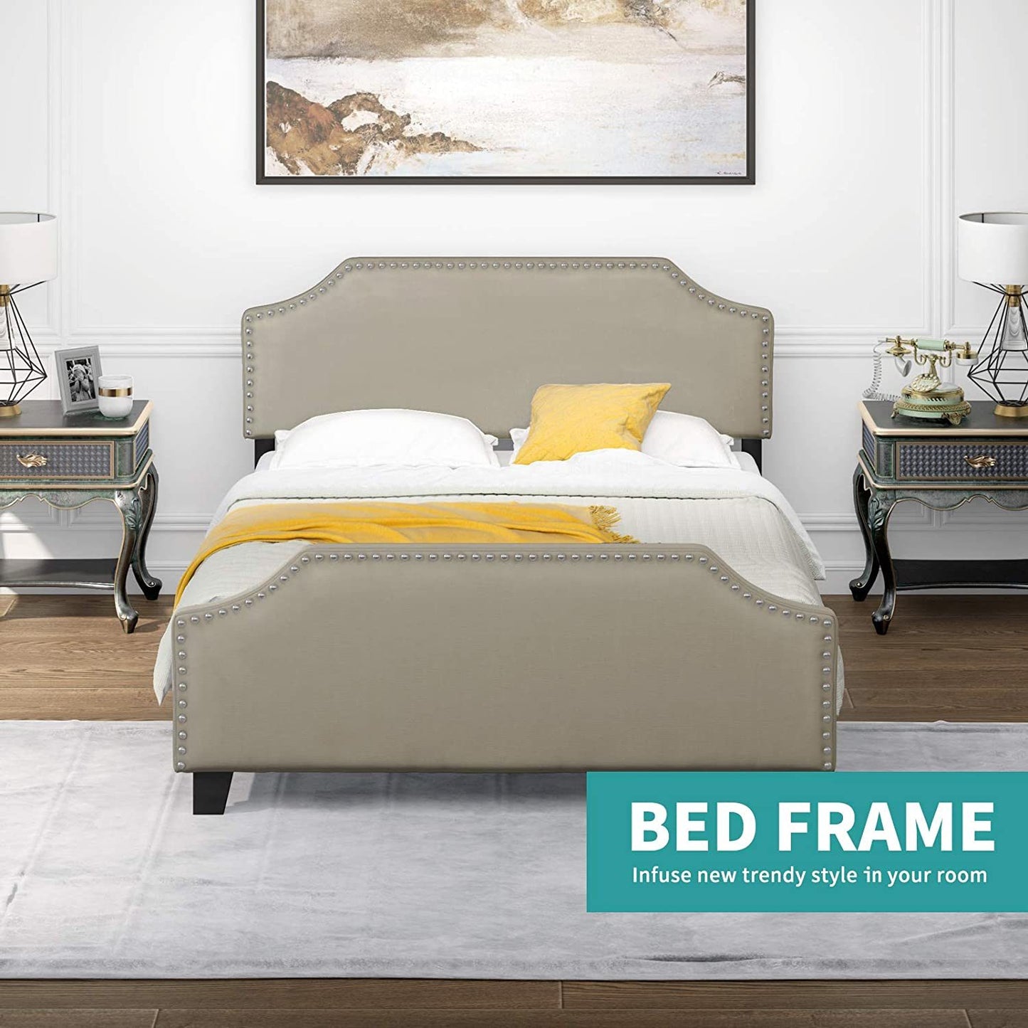 mecor Upholstered Linen Platform Bed, Nailhead Trim Full Size Bed Frame with Curved Headboard, Headboard Height Adjustable, Wood Slat Support - Stone Khaki / Full RT