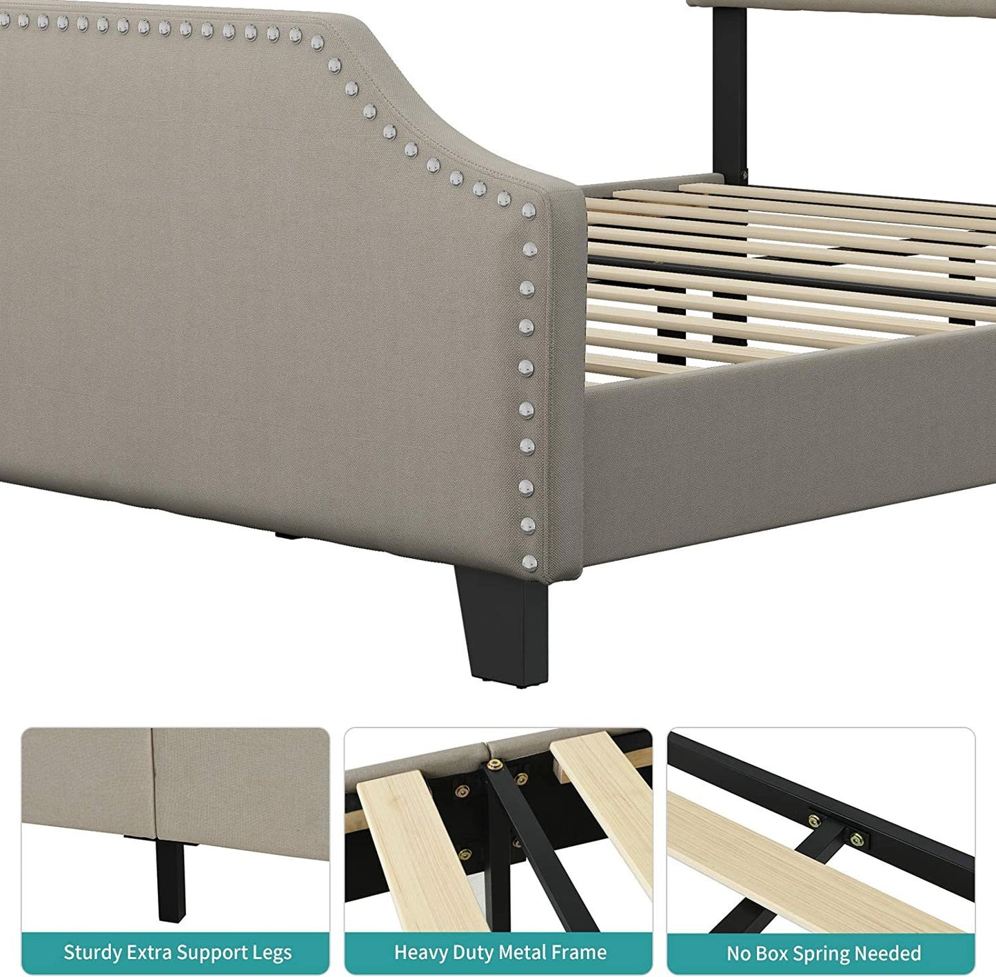 mecor Upholstered Linen Platform Bed, Nailhead Trim Full Size Bed Frame with Curved Headboard, Headboard Height Adjustable, Wood Slat Support - Stone Khaki / Full RT