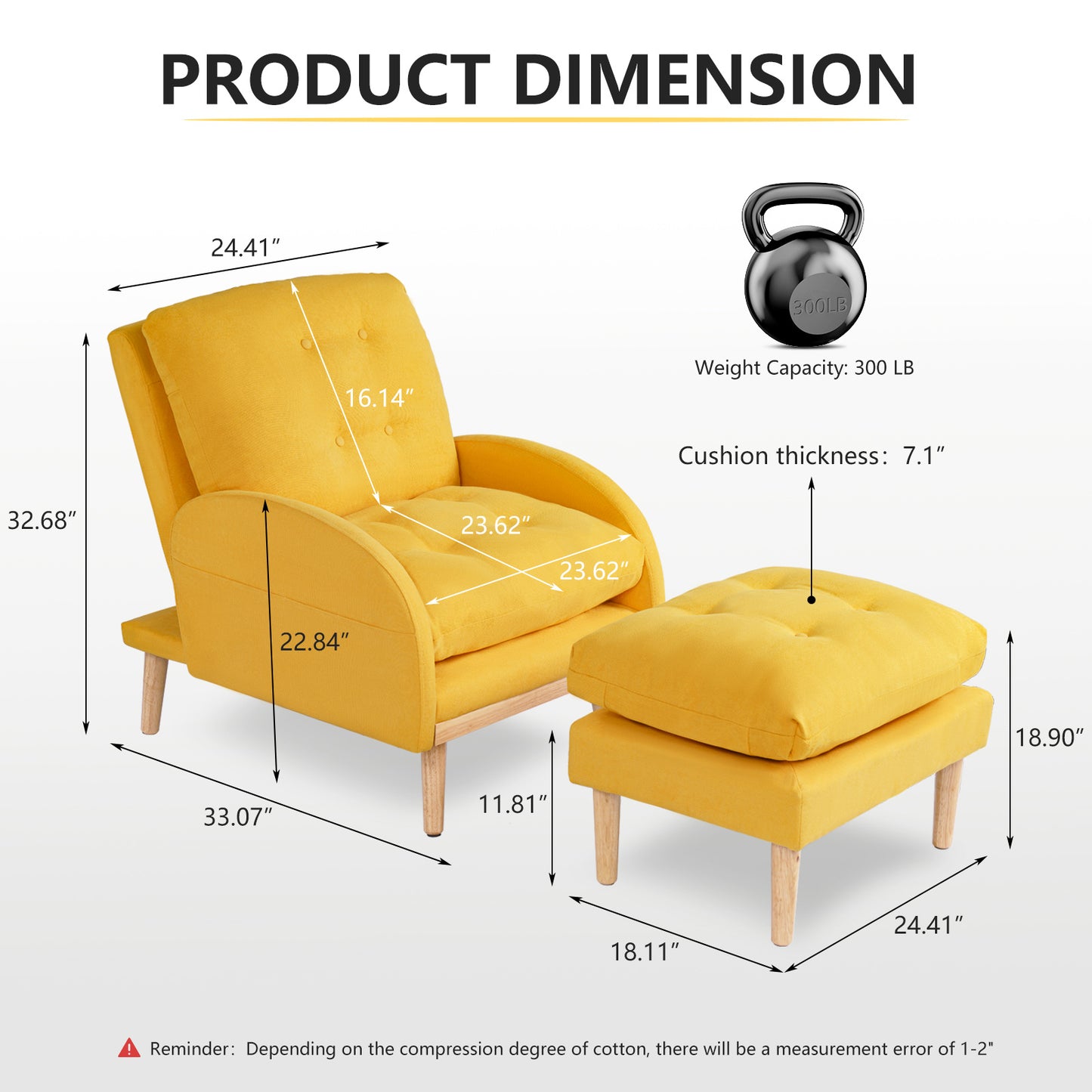 Chair with Ottoman, Soft Fabric Armchair with Adjustable Backrest and Side Pocket XH