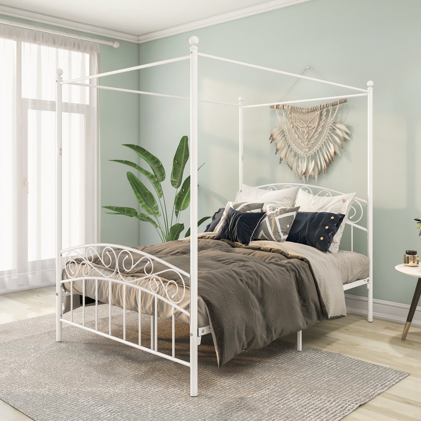 Full Size Metal Bed Frame with Headboard and Footboard Sturdy White Steel