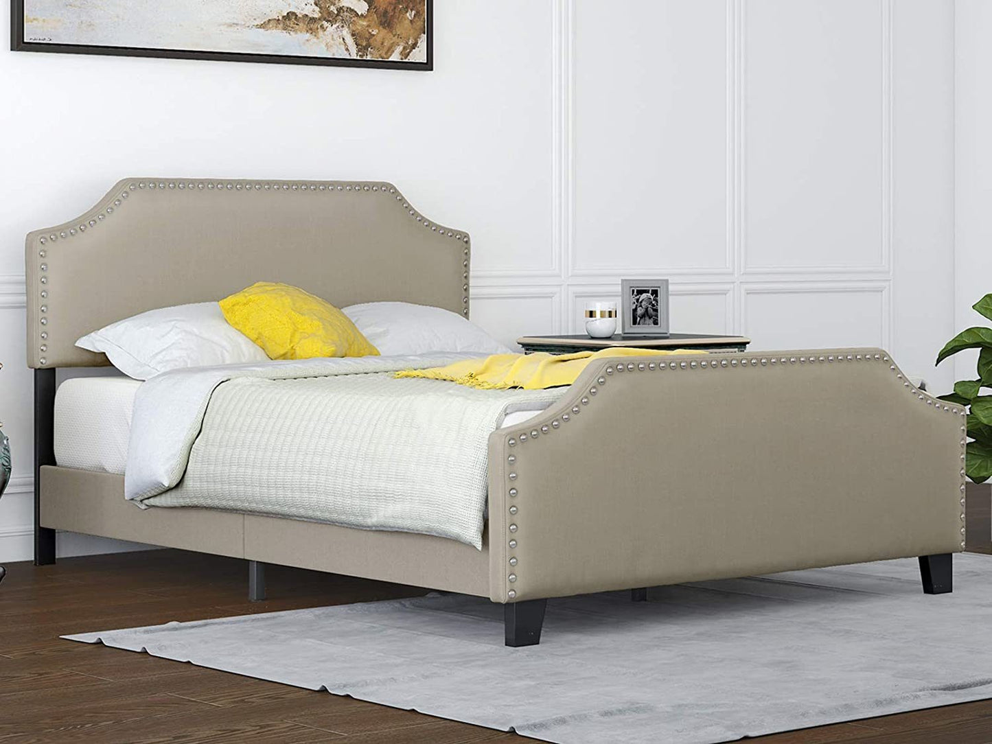 mecor Upholstered Linen Platform Bed, Nailhead Trim Full Size Bed Frame with Curved Headboard, Headboard Height Adjustable, Wood Slat Support - Stone Khaki / Full RT