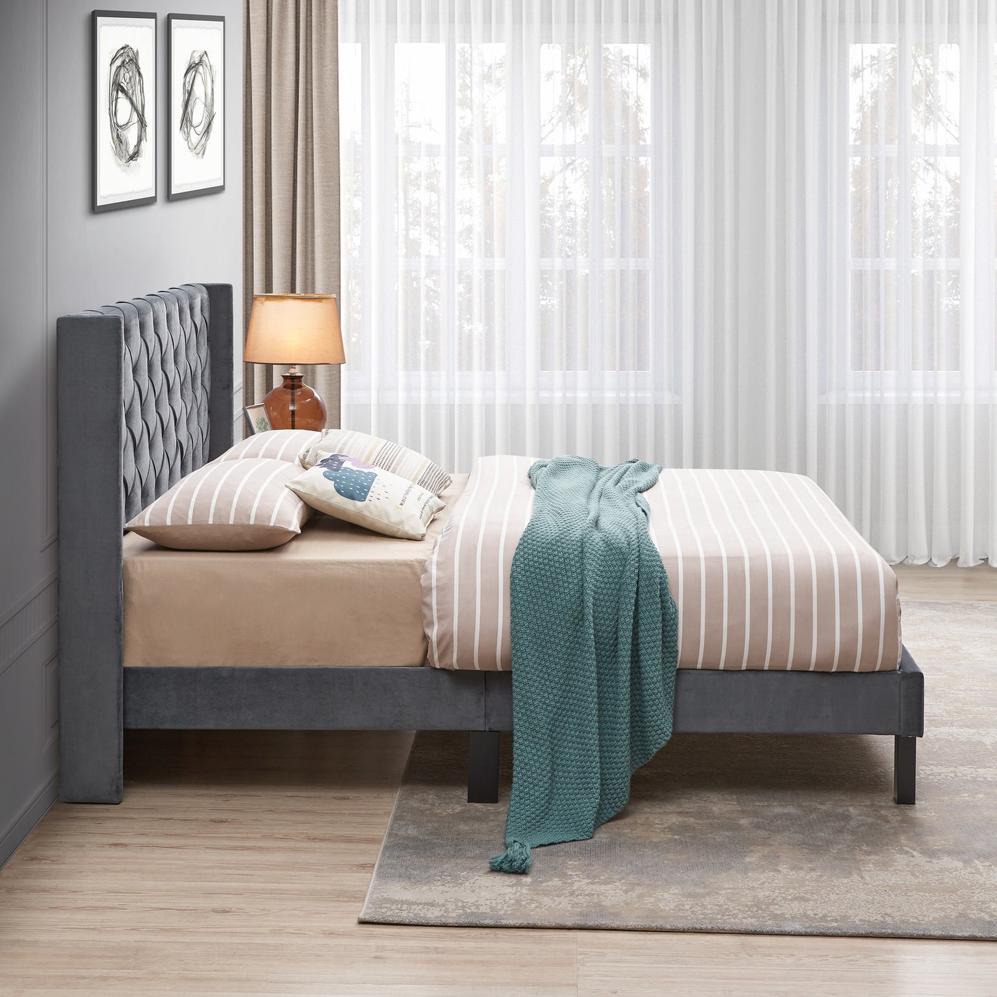 Upholstered Bed with Wings Design - Strong Wood Slat Support