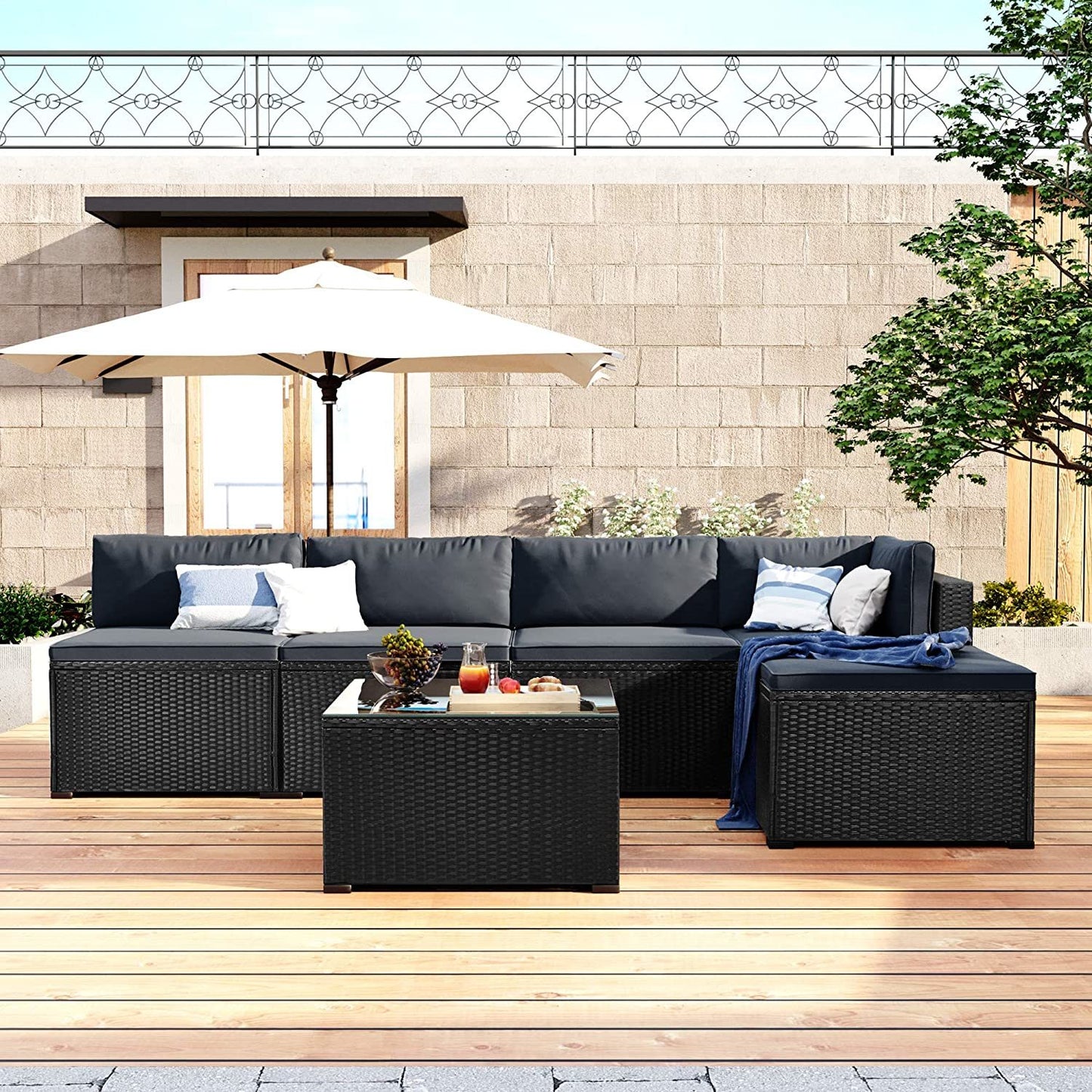6-Piece Outdoor Furniture Set with PE Rattan Wicker, Patio Garden Sectional Sofa Chair, removable cushions