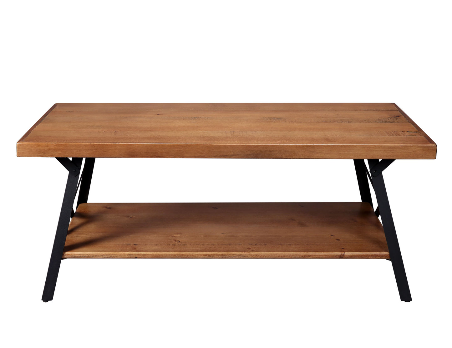 Wood Coffee Table, Rustic Industrial Solid Wood Coffee Table with Metal Legs and Storage Shelve, 43 Inches RT