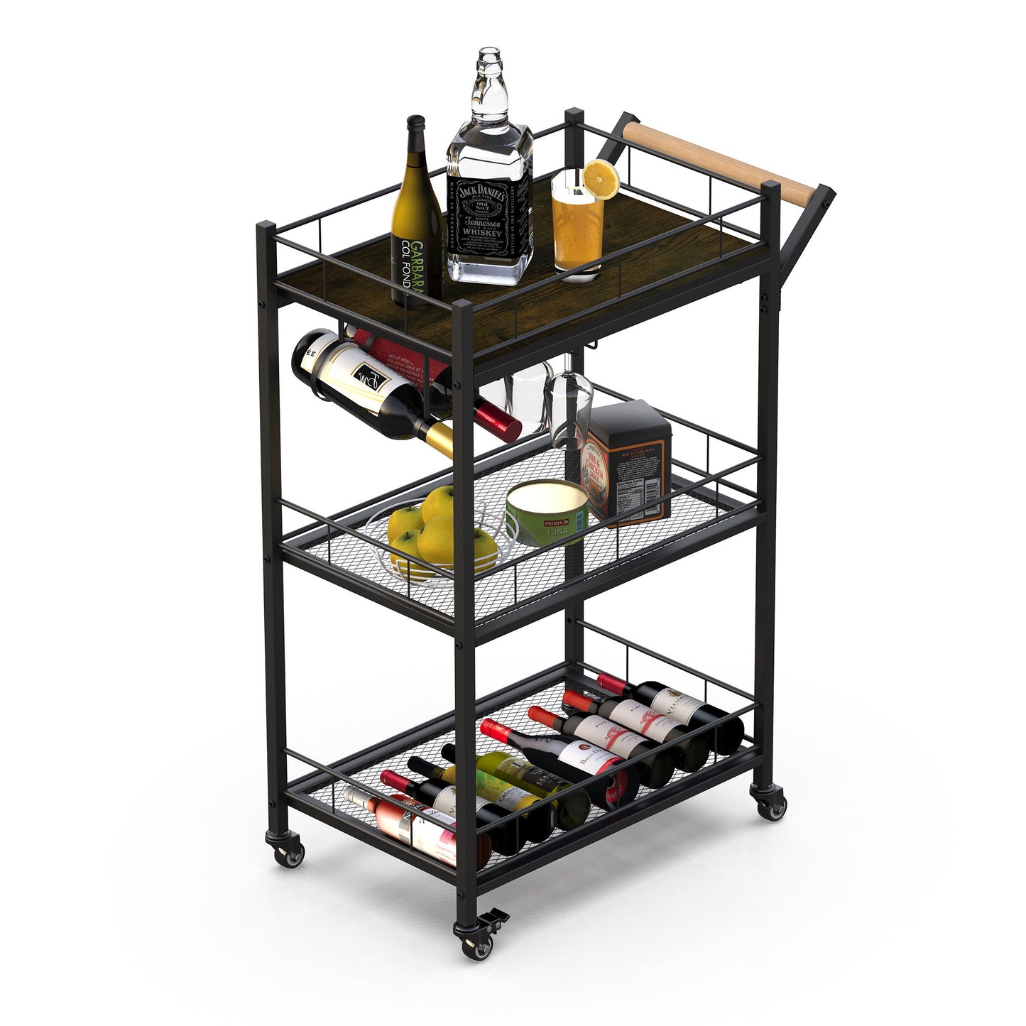 3 Tier Metal Mesh Rolling Storage Cart, Mesh Storage Pantry Cart with Lockable Wheels Wood Look Top and Metal Frame