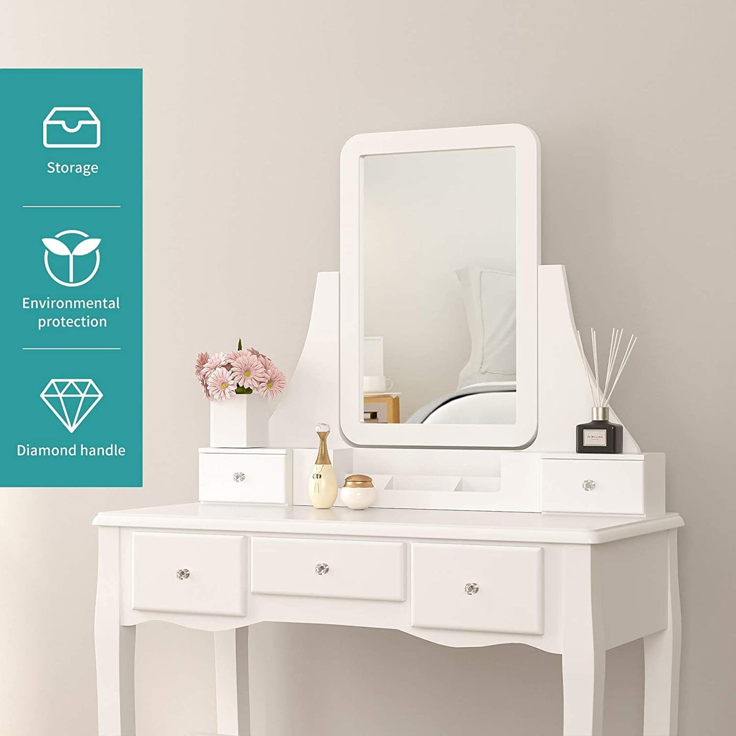 Mecor Makeup Vanity w/Square Mirror, White Vanity Set with Cushioned Stool,Wood Dressing Table with 5 Drawers,3 Removable Dividers Girls Women Bedroom Bathroom Makeup Furnitures--YS