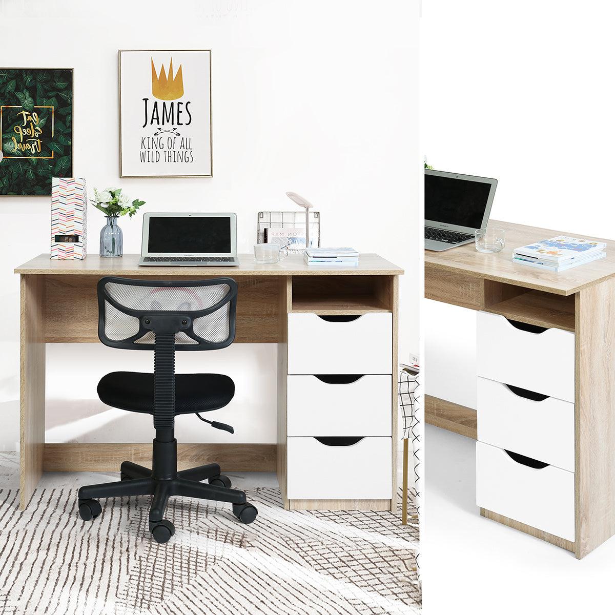 43.3 inches Wood Corner Writing Table with Shelf 3 Drawers Storage