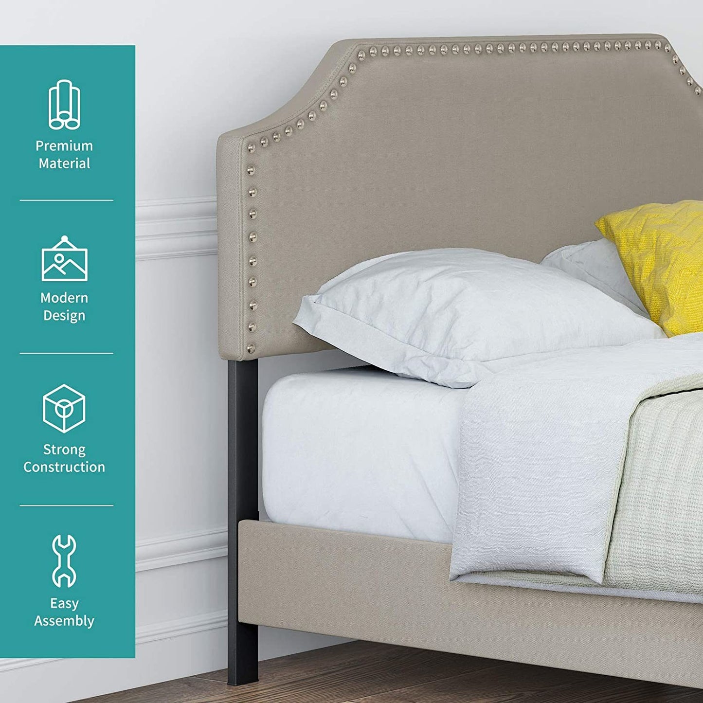 mecor Upholstered Linen Platform Bed, Nailhead Trim Full Size Bed Frame with Curved Headboard, Headboard Height Adjustable, Wood Slat Support - Stone Khaki / Full RT
