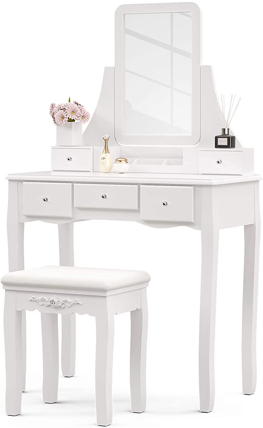 Mecor Makeup Vanity w/Square Mirror, White Vanity Set with Cushioned Stool,Wood Dressing Table with 5 Drawers,3 Removable Dividers Girls Women Bedroom Bathroom Makeup Furnitures--YS