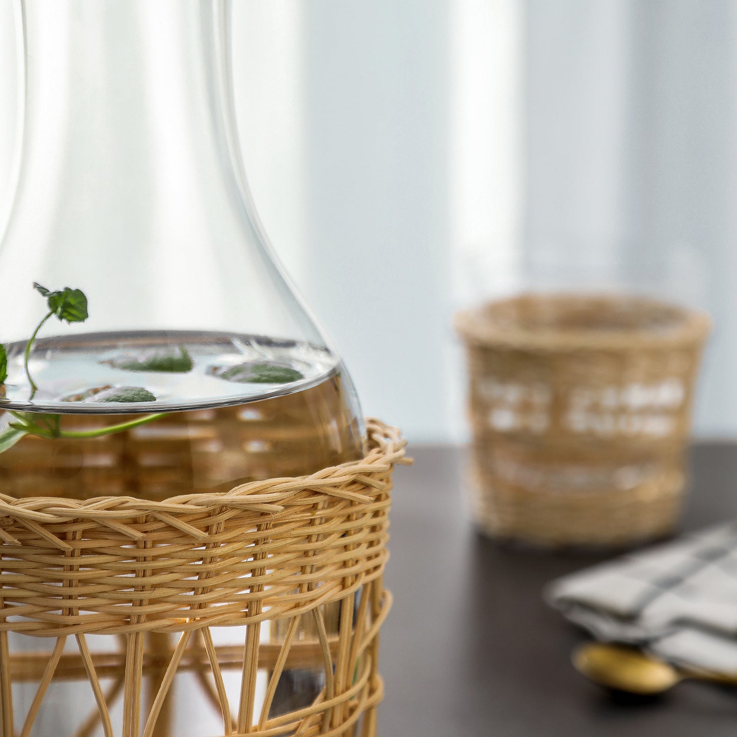 Bedside Night Water Carafe Set with Removable Hand Woven Rattan
