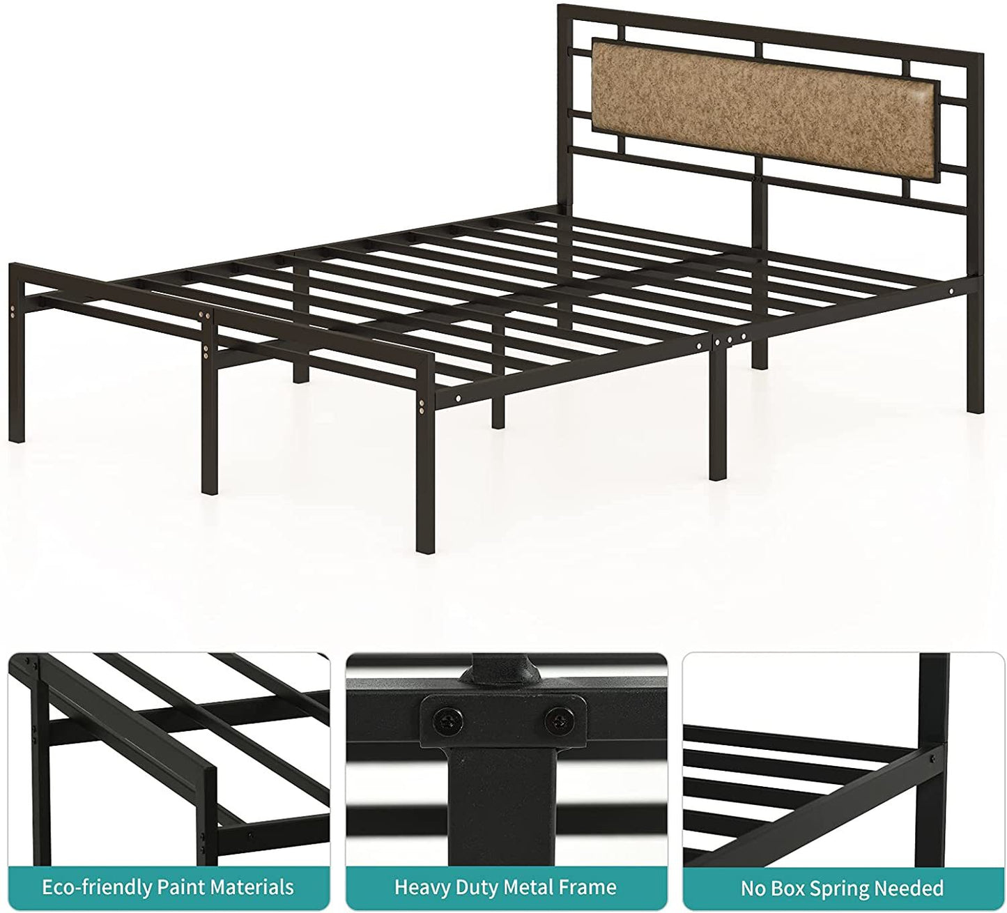 mecor Metal Queen Bed Frame with Upholstered Faux Leather Headboard