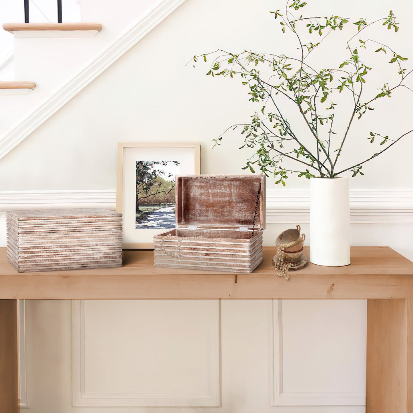 Stripe Pattern 2 Piece Rectangular Wooden Jewelry Box, Whitewash