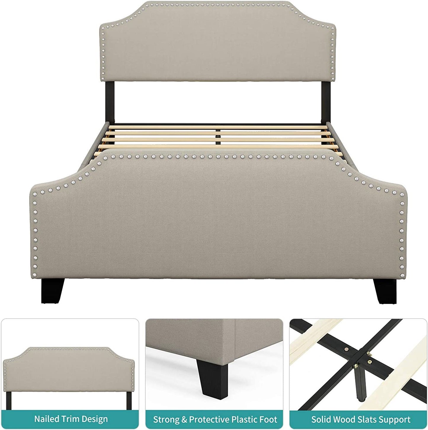 mecor Upholstered Linen Platform Bed, Nailhead Trim Full Size Bed Frame with Curved Headboard, Headboard Height Adjustable, Wood Slat Support - Stone Khaki / Full RT