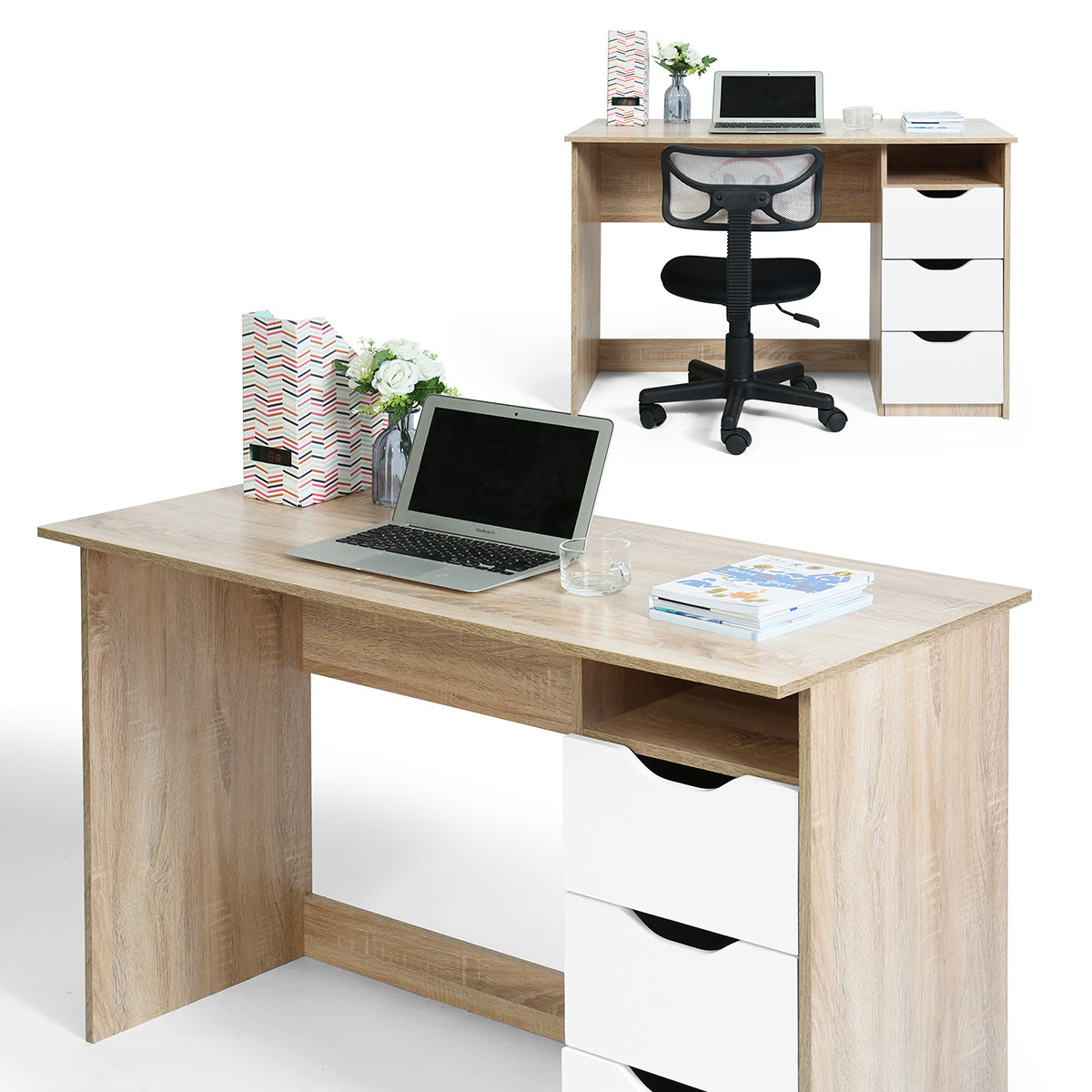 43.3 inches Wood Corner Writing Table with Shelf 3 Drawers Storage