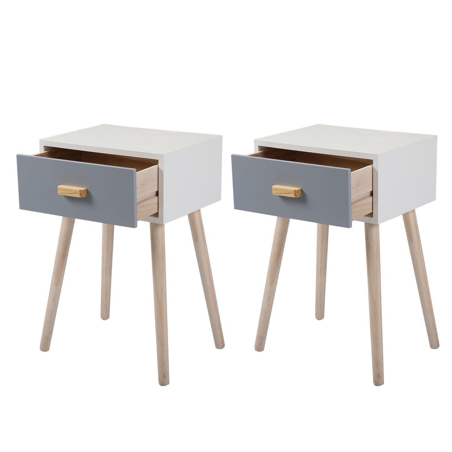 2 Pieces Bedside Table, Wooden End Table with Drawer