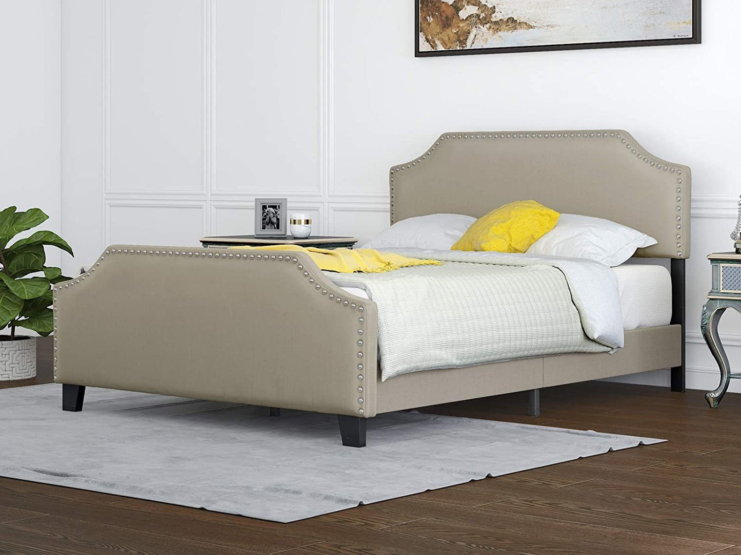 mecor Upholstered Linen Platform Bed, Nailhead Trim Full Size Bed Frame with Curved Headboard, Headboard Height Adjustable, Wood Slat Support - Stone Khaki / Full RT