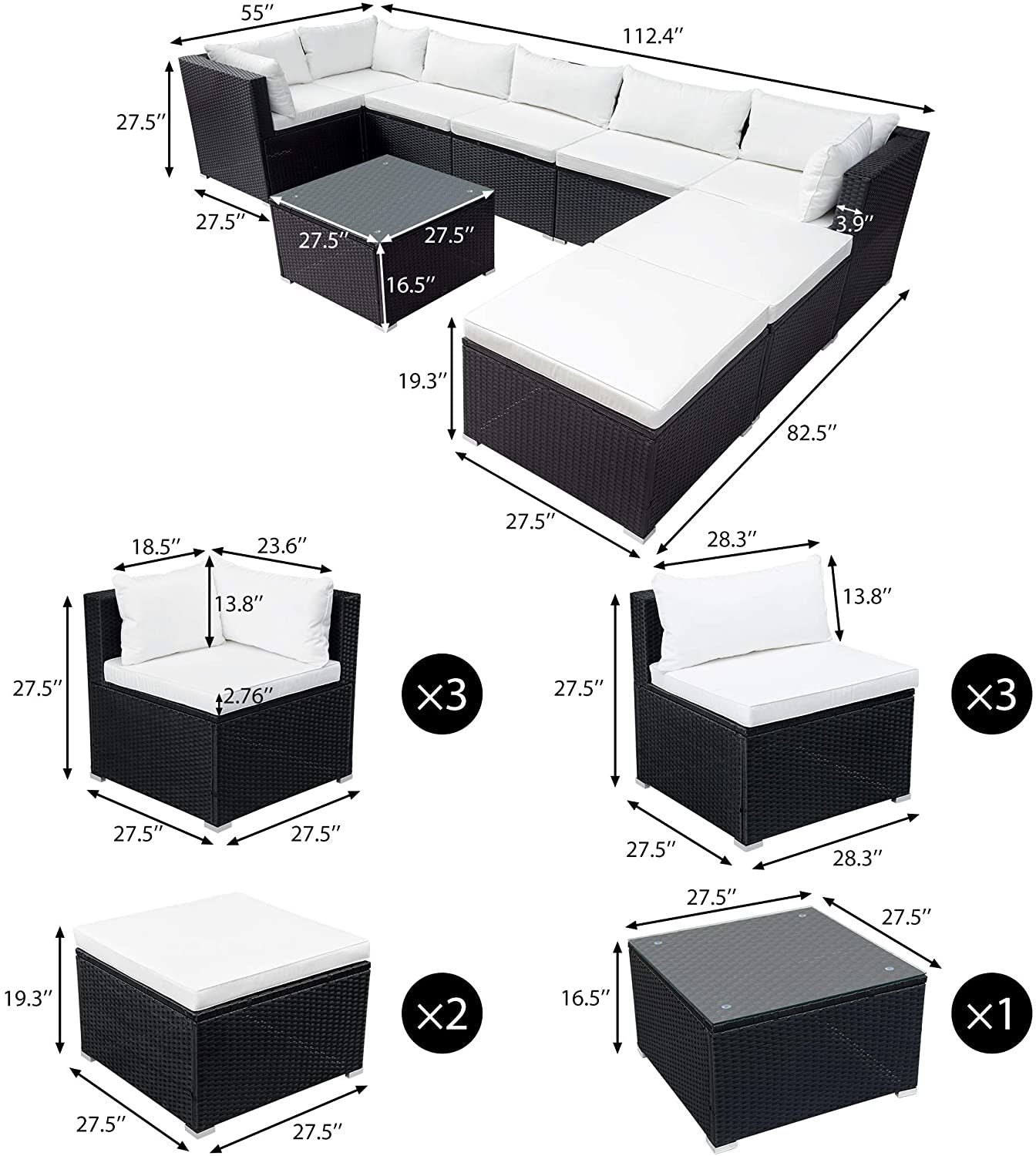 9-piece Outdoor Patio PE Wicker Rattan conversation Sectional Sofa sets with 3 sofa