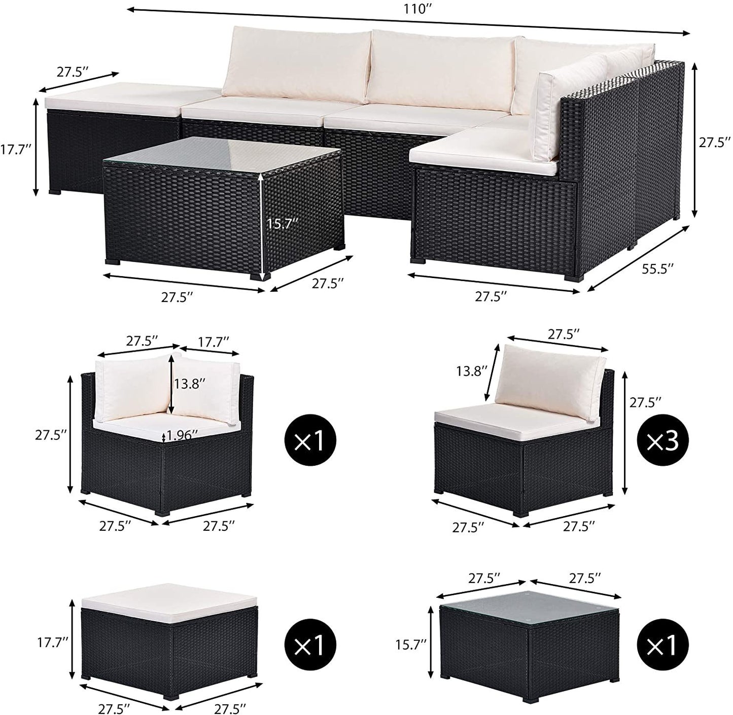 6-Piece Outdoor Furniture Set with PE Rattan Wicker, Patio Garden Sectional Sofa Chair, removable cushions