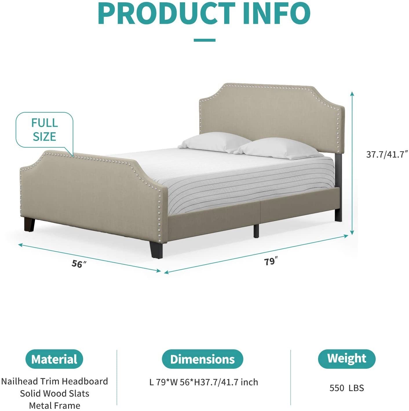 mecor Upholstered Linen Platform Bed, Nailhead Trim Full Size Bed Frame with Curved Headboard, Headboard Height Adjustable, Wood Slat Support - Stone Khaki / Full RT