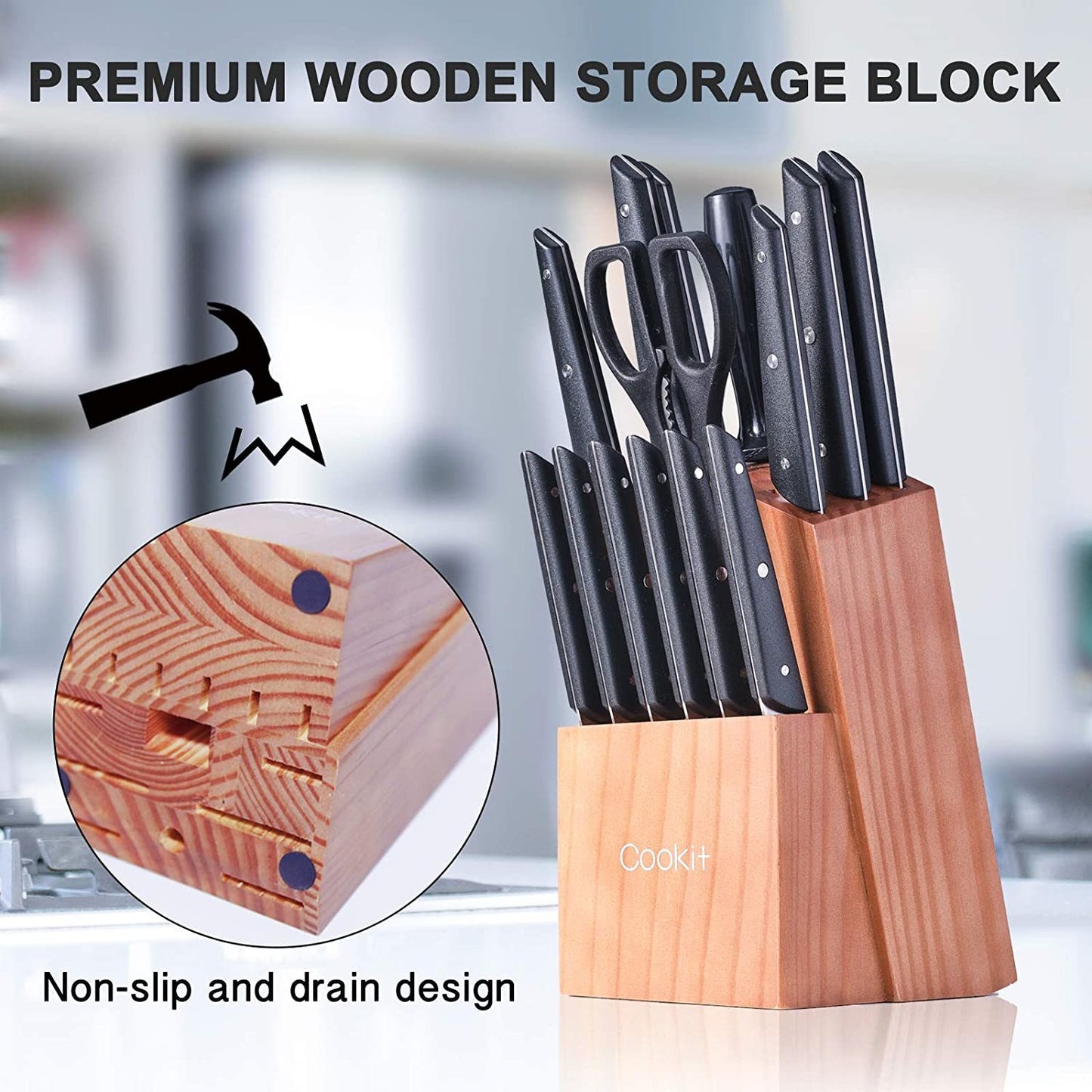 Knife Block Set with Knives, 15 Piece Kitchen Knife Sets with Wood Block