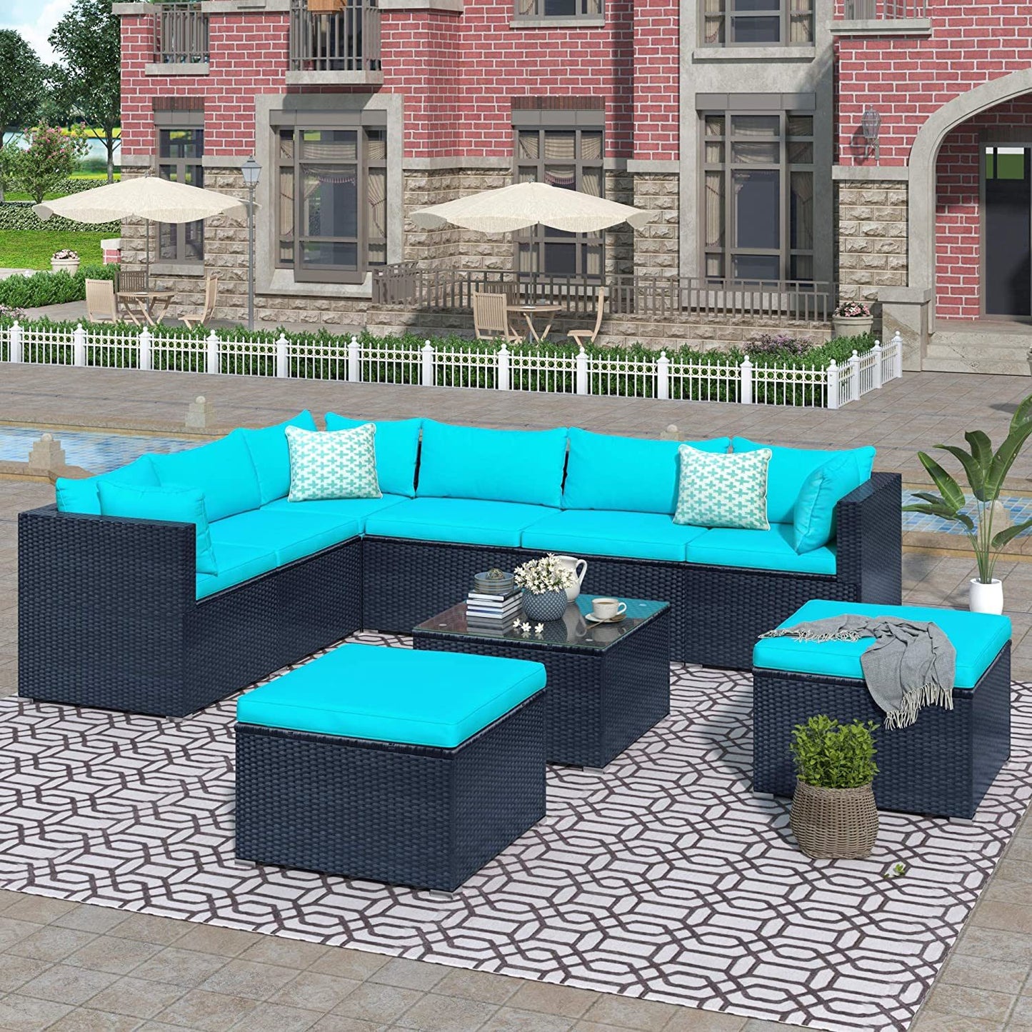 9-piece Outdoor Patio PE Wicker Rattan conversation Sectional Sofa sets with 3 sofa