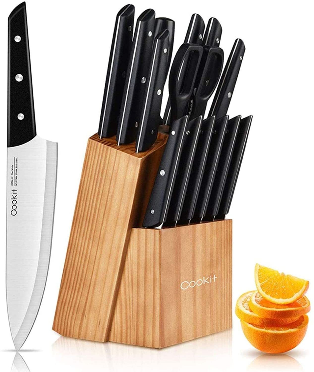 Knife Block Set with Knives, 15 Piece Kitchen Knife Sets with Wood Block
